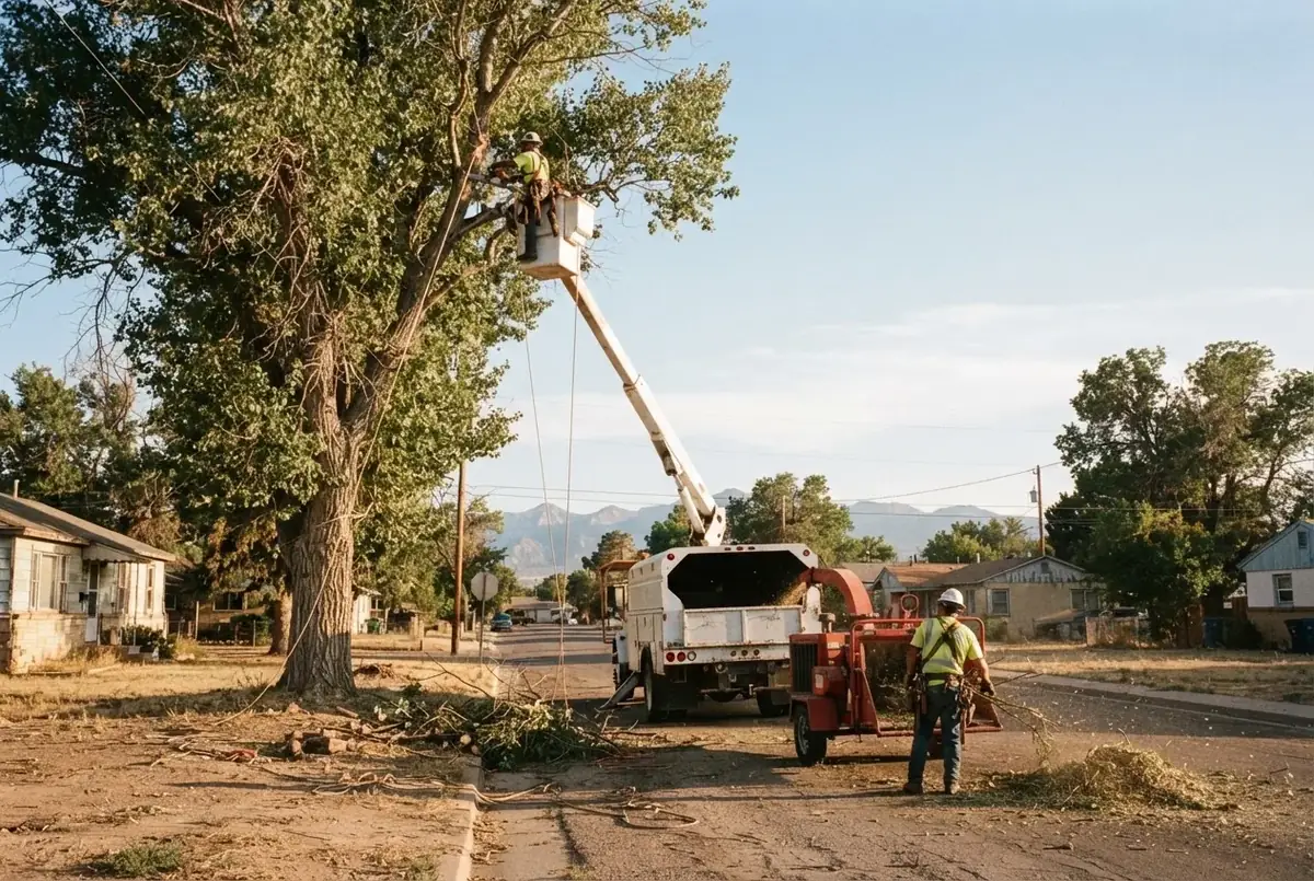Crew and crane working a large tree beside a home in Lauderdale County, Tennessee
