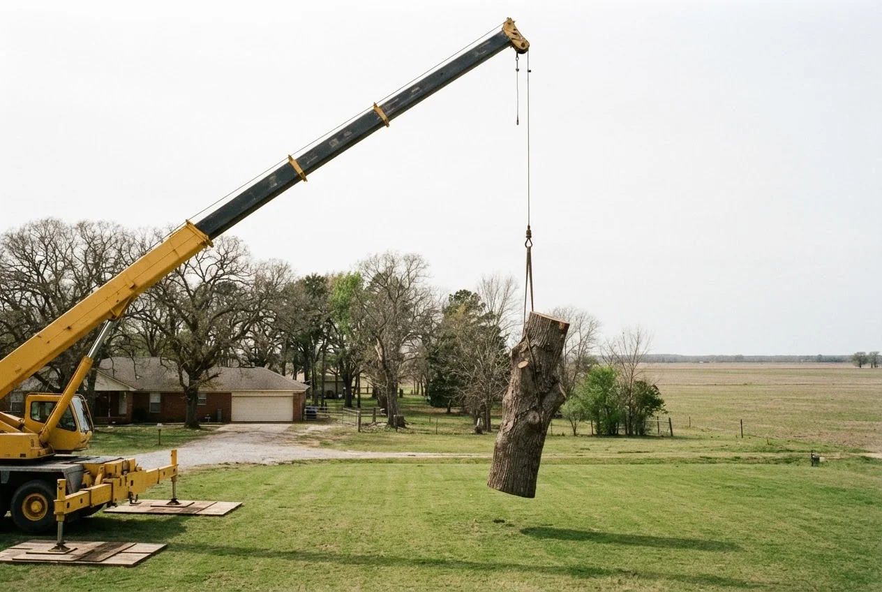 Crane lifting a trunk clear of a property in Ripley, Tennessee