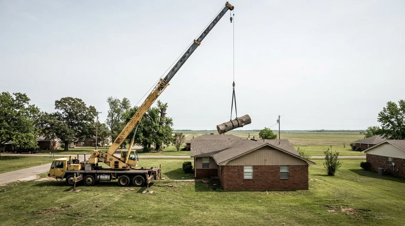Crane set up beside a house to lift a tree out in Ripley, Tennessee