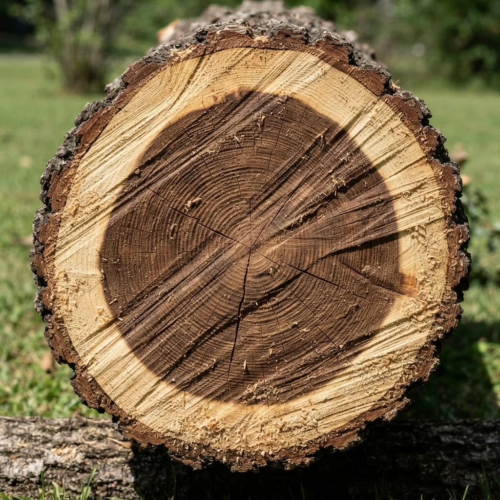 Growth rings in a cut hardwood trunk, Lauderdale County, Tennessee