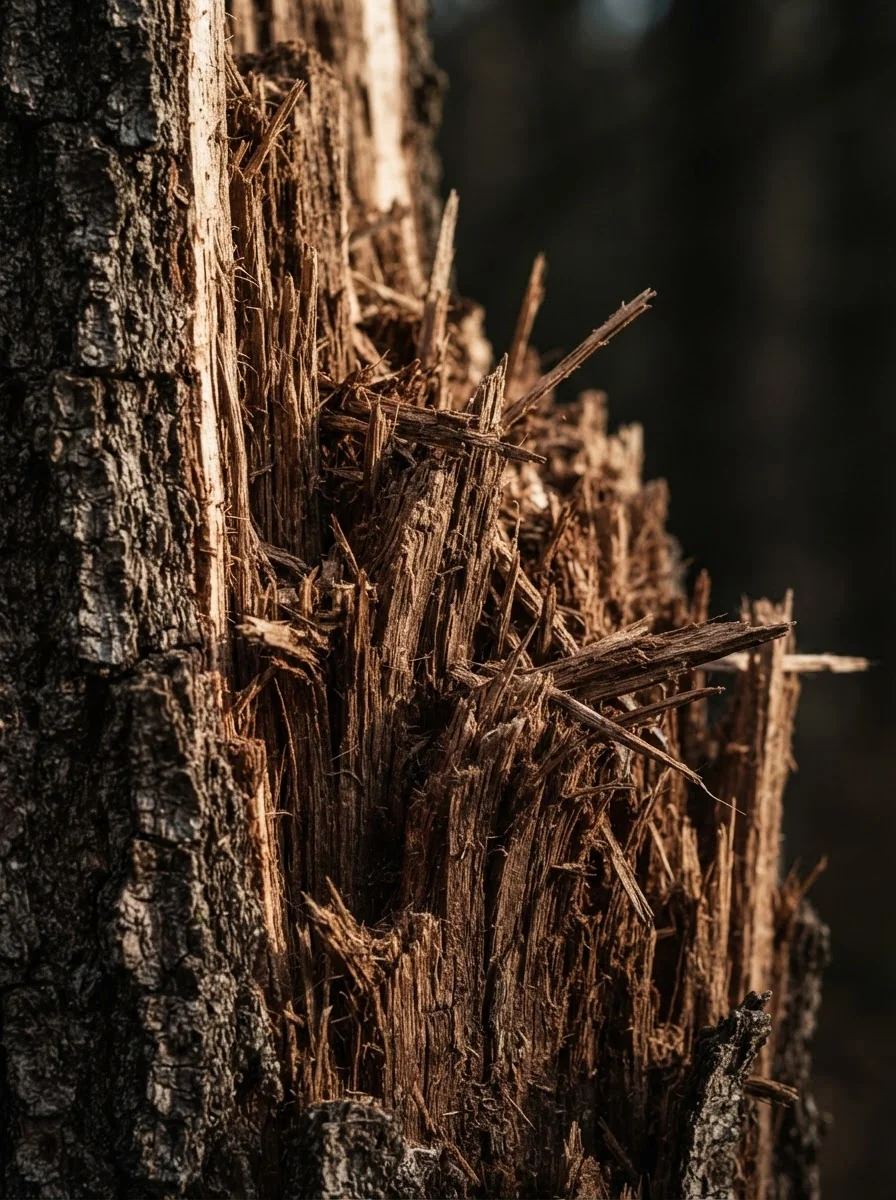 Split and splintered trunk on a failed tree in Ripley, Tennessee