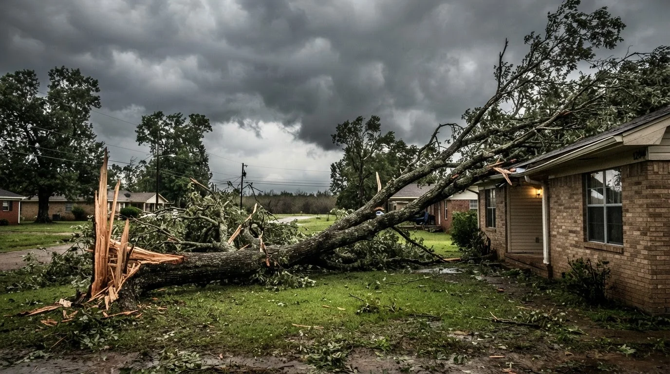 Storm-damaged tree down against a house in West Tennessee