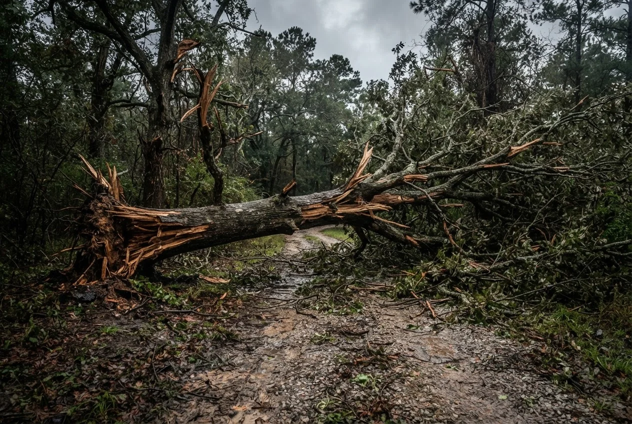 Large tree blown down across a yard in Lauderdale County, Tennessee