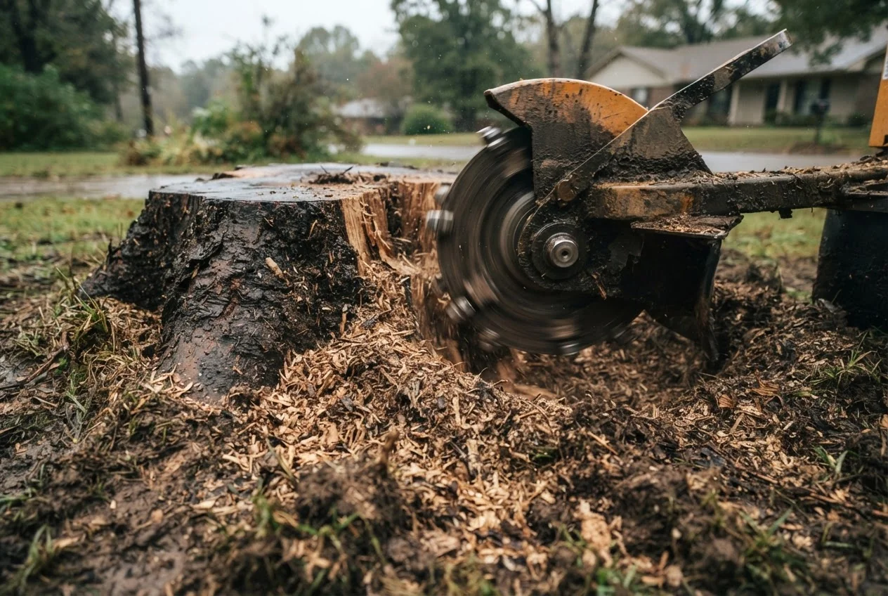Stump grinder taking a stump below grade in Ripley, Tennessee